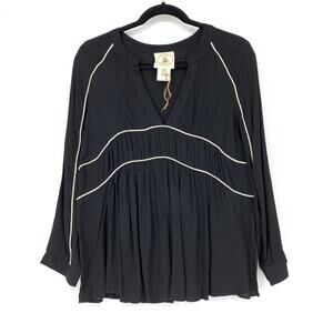 MUCHE MUCHETTE Top Women's One Size Pleated V-Neck Blouse Long Sleeve Black NWOT